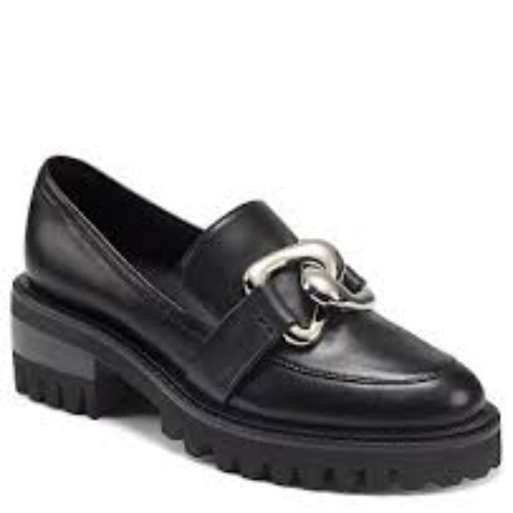 AEROSOLES Black Chunky Lug Sole Loafer with Silver Chain Accent